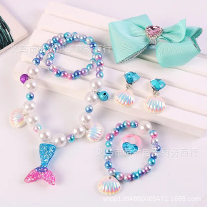 Children'S Necklace Mermaid Tail Pearl Necklace Bracelet Ring Earring Set