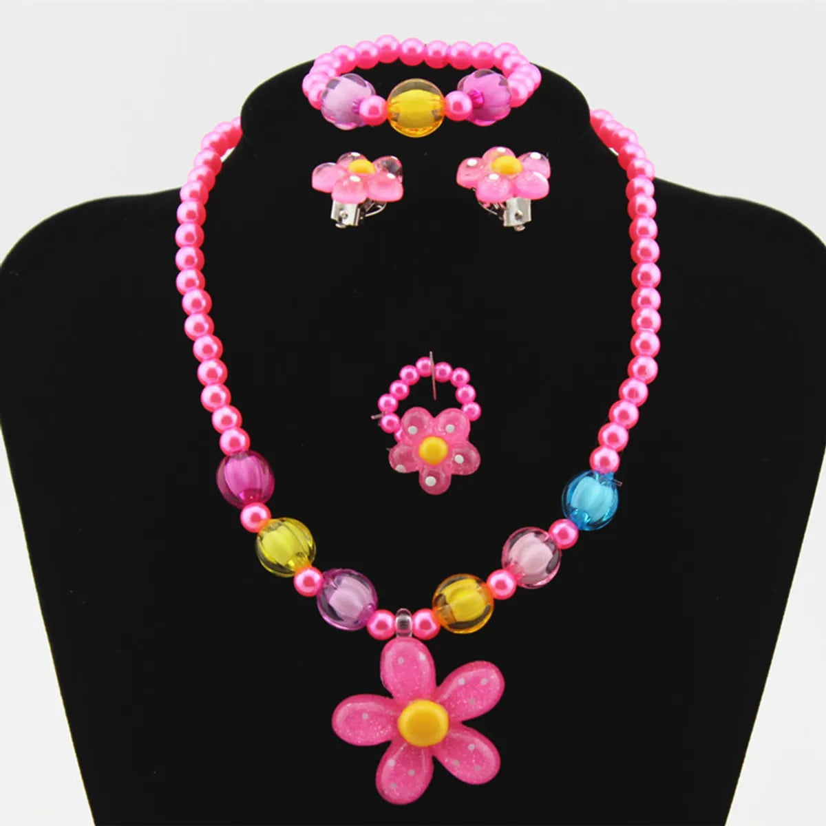 Children's Resin Necklace Bracelet 4 Pcs Set Rings Ear Studs Girls' Plastic Flower-shaped Set Wholesale