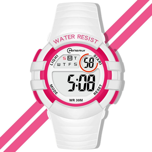 Children's Casual Colorful Luminous Waterproof Sports Antifall Multifunctional Universal Electronic Watch Plastic Case Pu Strap Round Dial