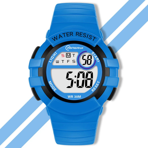 Children's Casual Colorful Luminous Waterproof Sports Antifall Multifunctional Universal Electronic Watch Plastic Case Pu Strap Round Dial