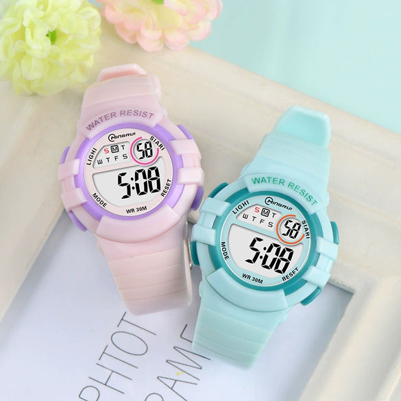 Children's Casual Colorful Luminous Waterproof Sports Antifall Multifunctional Universal Electronic Watch Plastic Case Pu Strap Round Dial