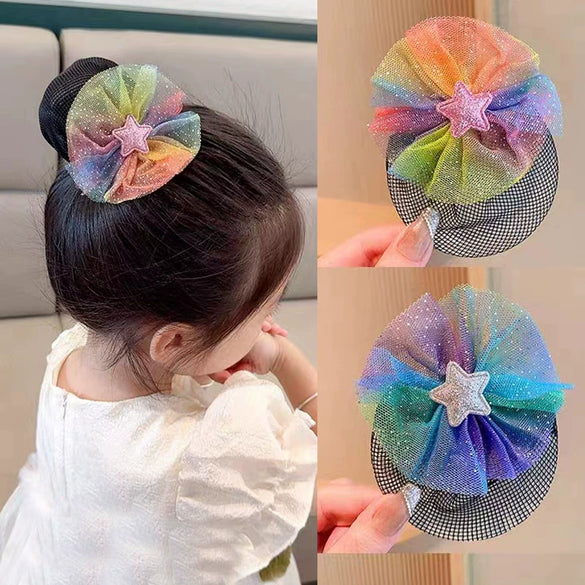 Children's Colorful Star Yarn Handmade Hair Net For Girls Ball Head Net Pocket Updo Artifact Invisible Hair Cover Little Girl's Headdress