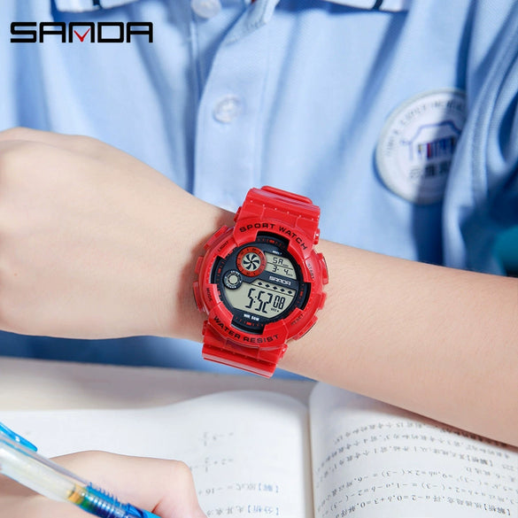 Children's Electronic Watch Multifunctional Sports Waterproof Round Dial Abs Case Tpu Strap Acrylic Mirror