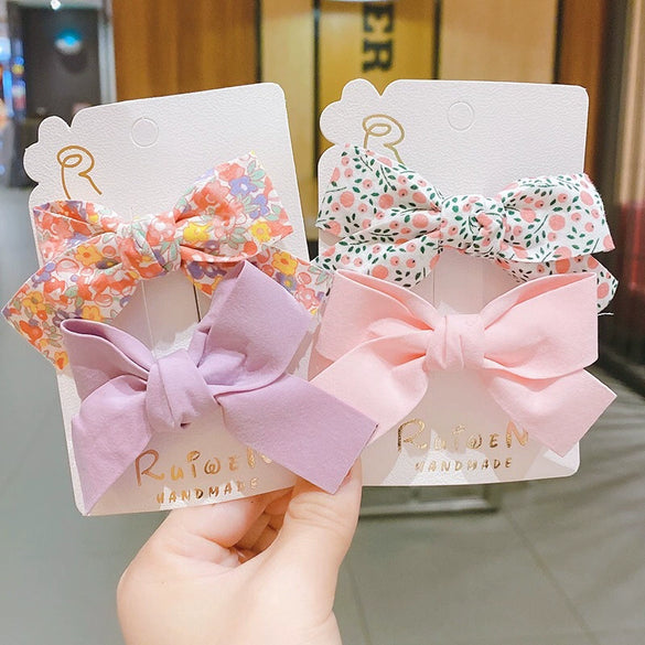 Children's Handmade Fabric Bow Side Hair Clip Sweet Pastoral Princess Style Girl Hair Accessories Two Piece Set