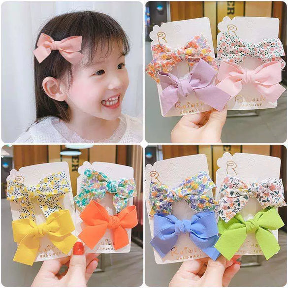 Children's Handmade Fabric Bow Side Hair Clip Sweet Pastoral Princess Style Girl Hair Accessories Two Piece Set