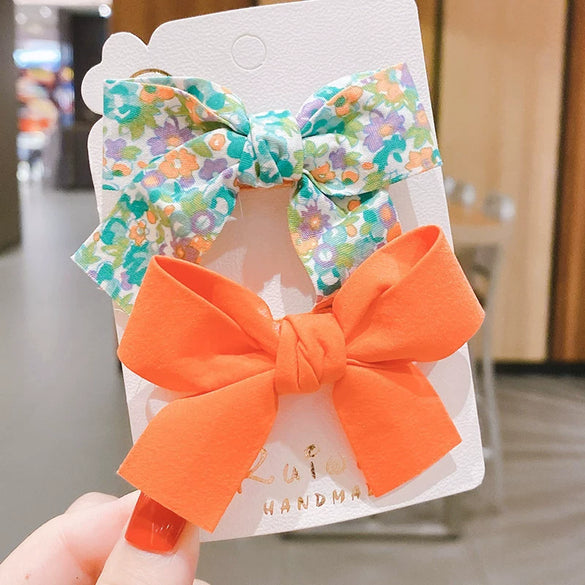 Children's Handmade Fabric Bow Side Hair Clip Sweet Pastoral Princess Style Girl Hair Accessories Two Piece Set