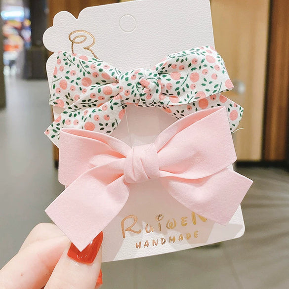 Children's Handmade Fabric Bow Side Hair Clip Sweet Pastoral Princess Style Girl Hair Accessories Two Piece Set