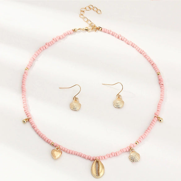 Children's Jewelry Set With Pink Rice Beads Butterfly Shell Pendant Geometric Pattern Handmade