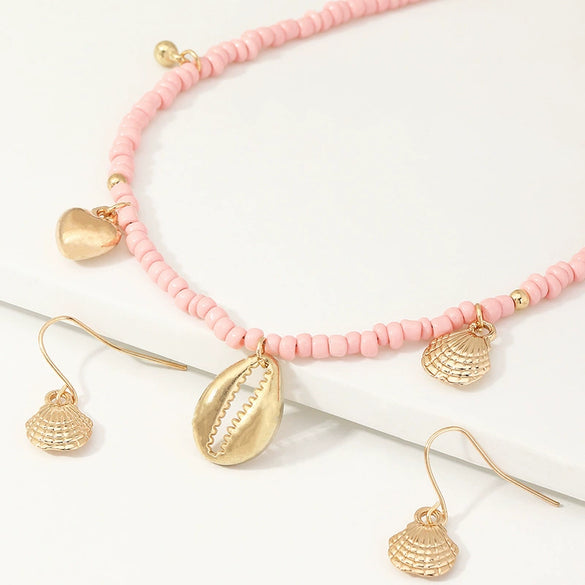 Children's Jewelry Set With Pink Rice Beads Butterfly Shell Pendant Geometric Pattern Handmade