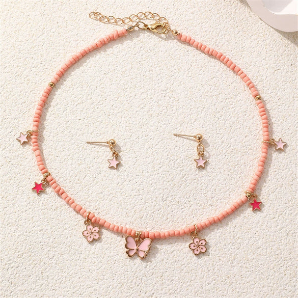 Children's Jewelry Set With Pink Rice Beads Butterfly Shell Pendant Geometric Pattern Handmade