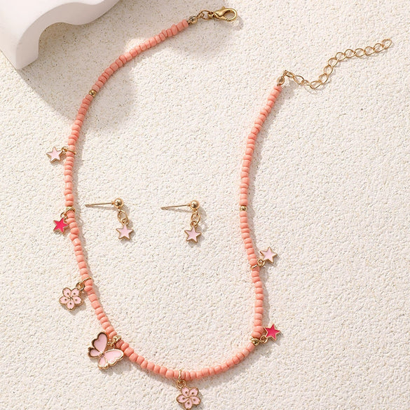 Children's Jewelry Set With Pink Rice Beads Butterfly Shell Pendant Geometric Pattern Handmade