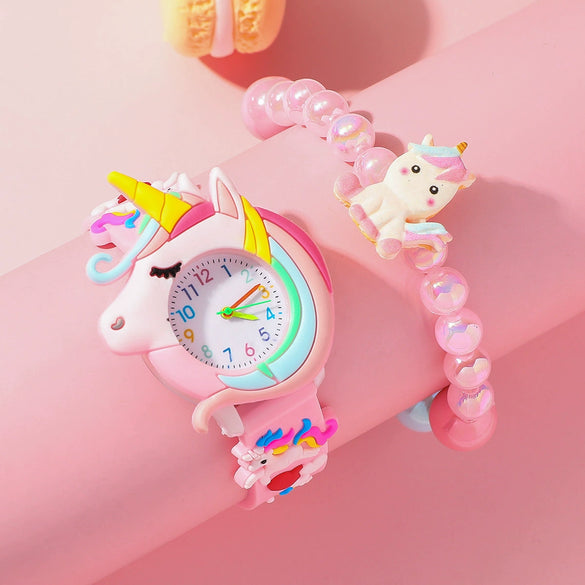 Children's Plastic Digital Scale Watch And Beaded Unicorn Necklace Set Cartoon Style Round Dial Spiral Crown Pin Buckle