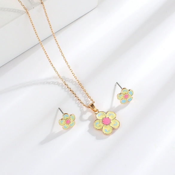 Children's Princess Flower Necklace And Earrings Set Alloy Jewelry With Glossy Drip Finish