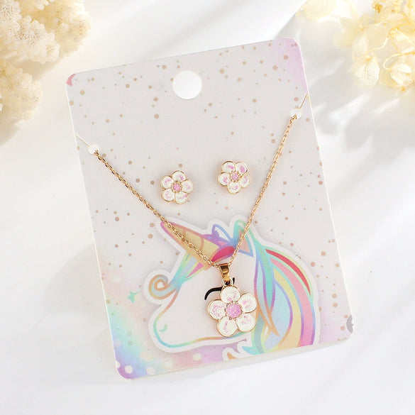 Children's Princess Flower Necklace And Earrings Set Alloy Jewelry With Glossy Drip Finish