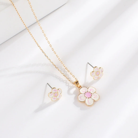 Children's Princess Flower Necklace And Earrings Set Alloy Jewelry With Glossy Drip Finish