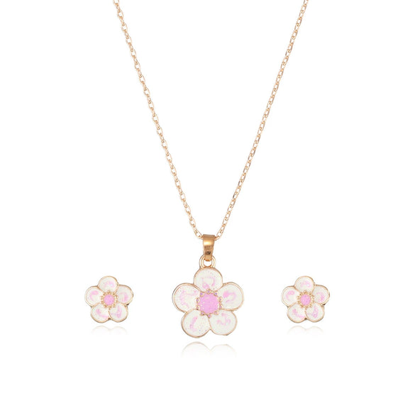 Children's Princess Flower Necklace And Earrings Set Alloy Jewelry With Glossy Drip Finish