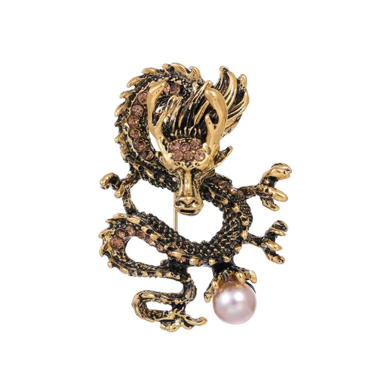 Chinoiserie Animal Dragon Alloy Inlay Rhinestones Pearl Adults Unisex Corsage Brooches Collar Pin