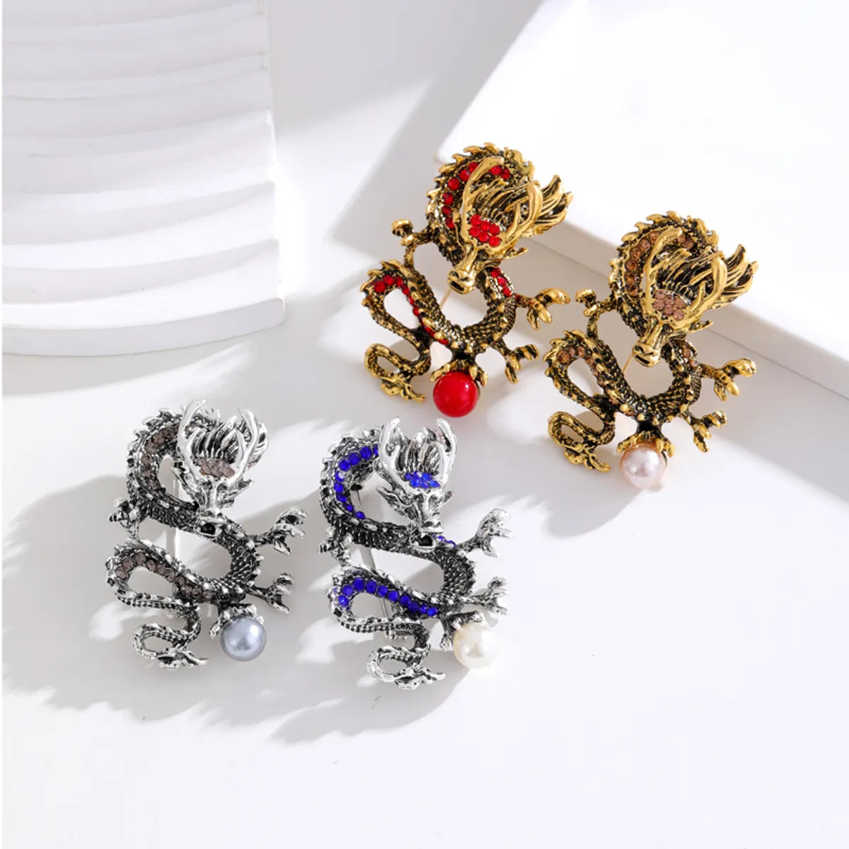 Chinoiserie Animal Dragon Alloy Inlay Rhinestones Pearl Adults Unisex Corsage Brooches Collar Pin