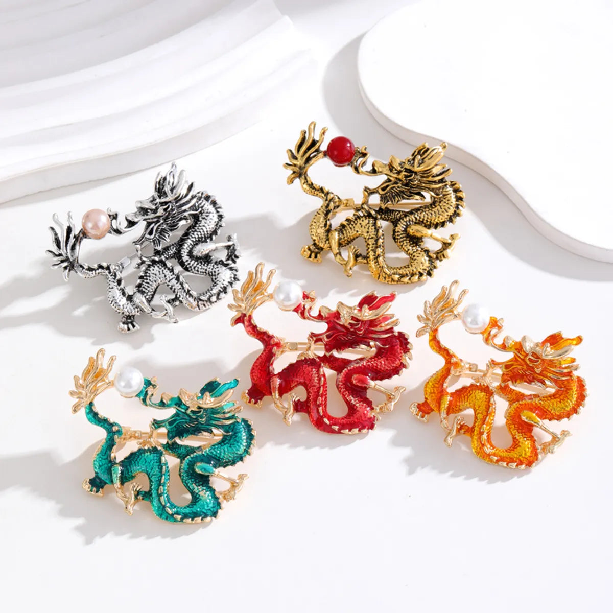 Chinoiserie Animal Dragon Alloy Inlay Rhinestones Pearl Adults Unisex Corsage Brooches Collar Pin