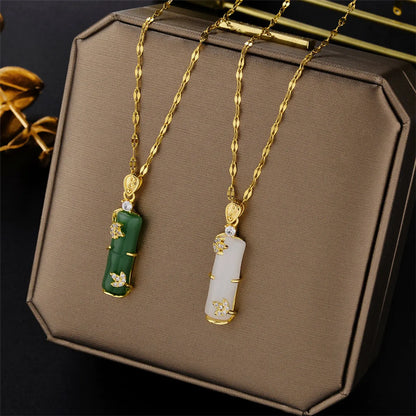 Chinoiserie Bamboo Titanium Steel Plating Inlay Artificial Gemstones Pendant Necklace