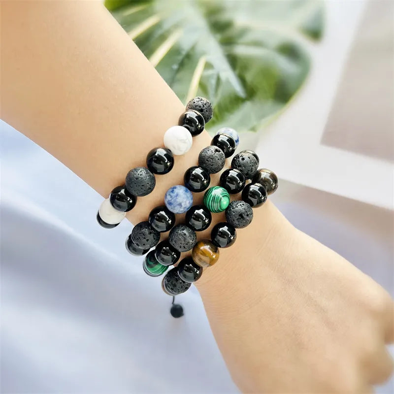 Chinoiserie Basic Classic Style Round Natural Stone Beaded Unisex Bracelets