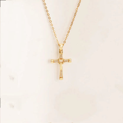 Chinoiserie Cross Copper Plating Zircon Unisex Pendant Necklace