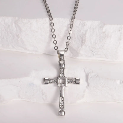 Chinoiserie Cross Copper Plating Zircon Unisex Pendant Necklace