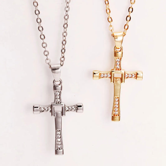 Chinoiserie Cross Copper Plating Zircon Unisex Pendant Necklace