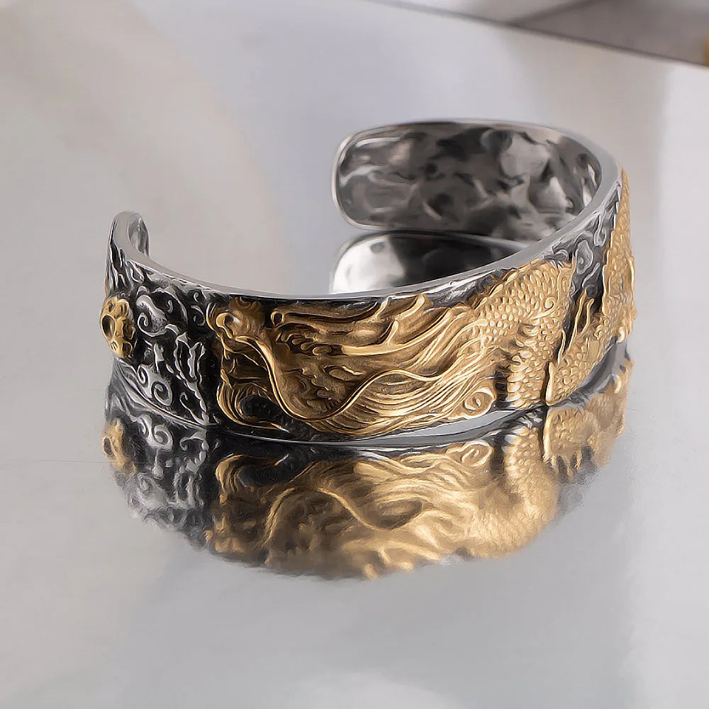 Chinoiserie Dragon 304 Stainless Steel Plating Carving Gold Plated Men'S Bangle