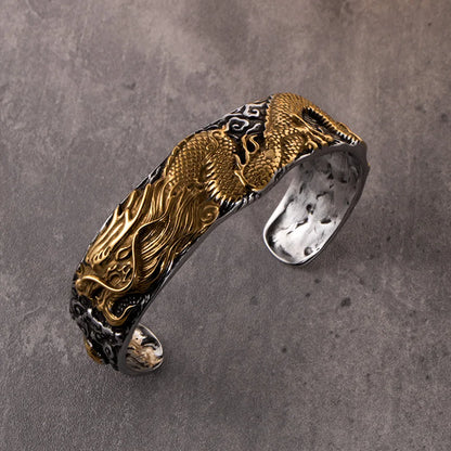 Chinoiserie Dragon 304 Stainless Steel Plating Carving Gold Plated Men'S Bangle