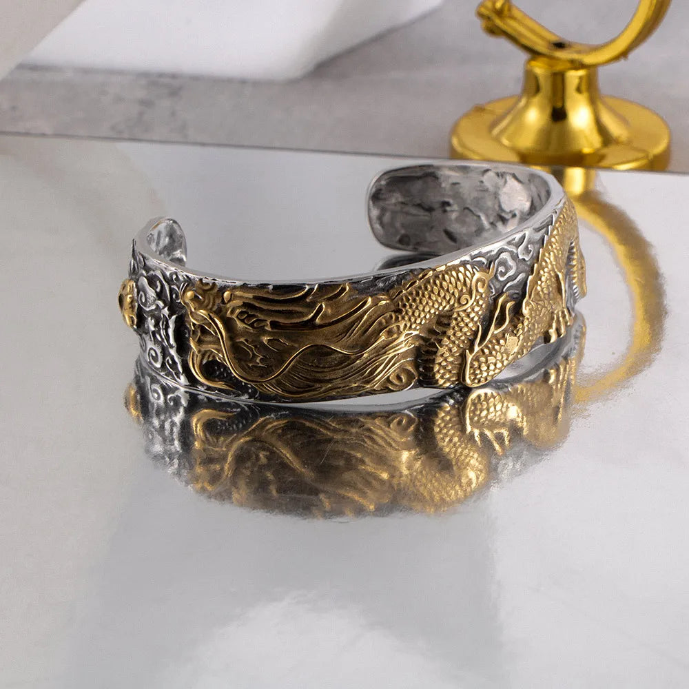 Chinoiserie Dragon 304 Stainless Steel Plating Carving Gold Plated Men'S Bangle