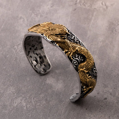 Chinoiserie Dragon 304 Stainless Steel Plating Carving Gold Plated Men'S Bangle