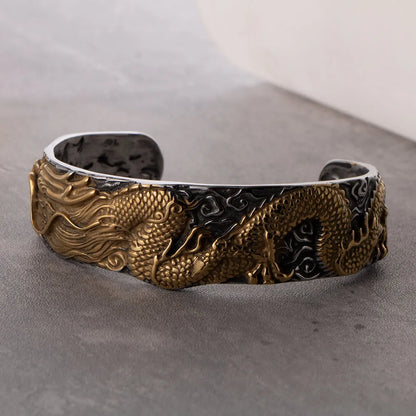 Chinoiserie Dragon 304 Stainless Steel Plating Carving Gold Plated Men'S Bangle