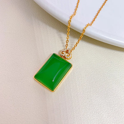 Chinoiserie Elegant Geometric Sterling Silver Plating Inlay Natural Chalcedony Pendant Necklace