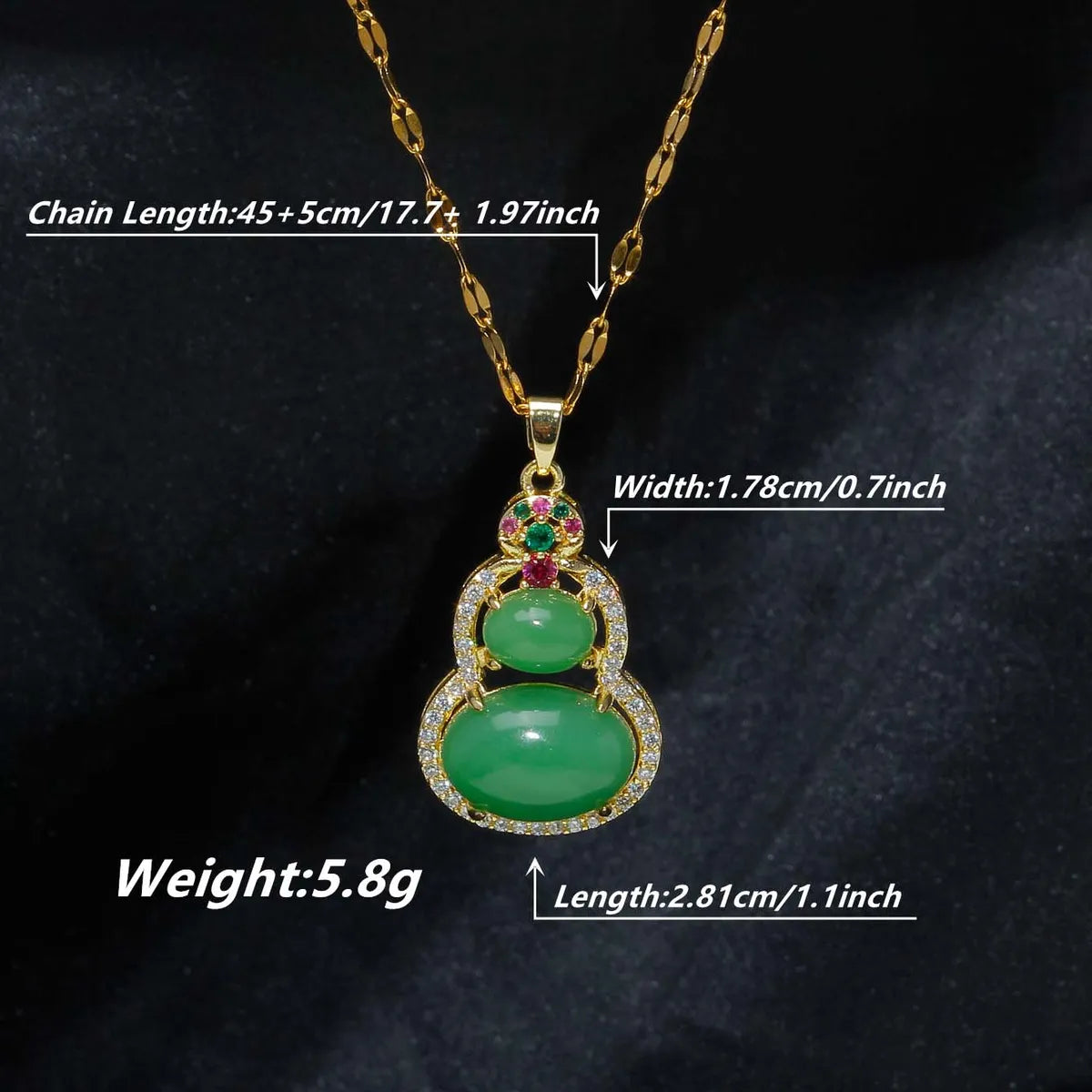 Chinoiserie Gourd Stainless Steel Plating Inlay Artificial Gemstones 18k Gold Plated Pendant Necklace