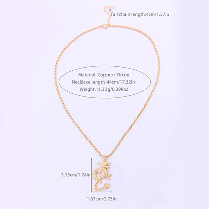 Chinoiserie Hip-hop Cool Style Dragon Copper Plating Inlay Zircon 18k Gold Plated Unisex Pendant Necklace