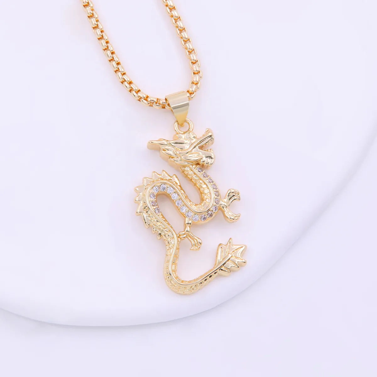 Chinoiserie Hip-hop Cool Style Dragon Copper Plating Inlay Zircon 18k Gold Plated Unisex Pendant Necklace