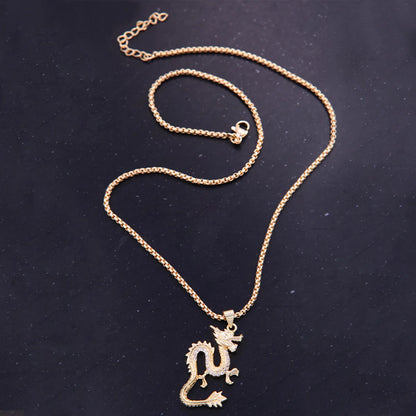 Chinoiserie Hip-hop Cool Style Dragon Copper Plating Inlay Zircon 18k Gold Plated Unisex Pendant Necklace