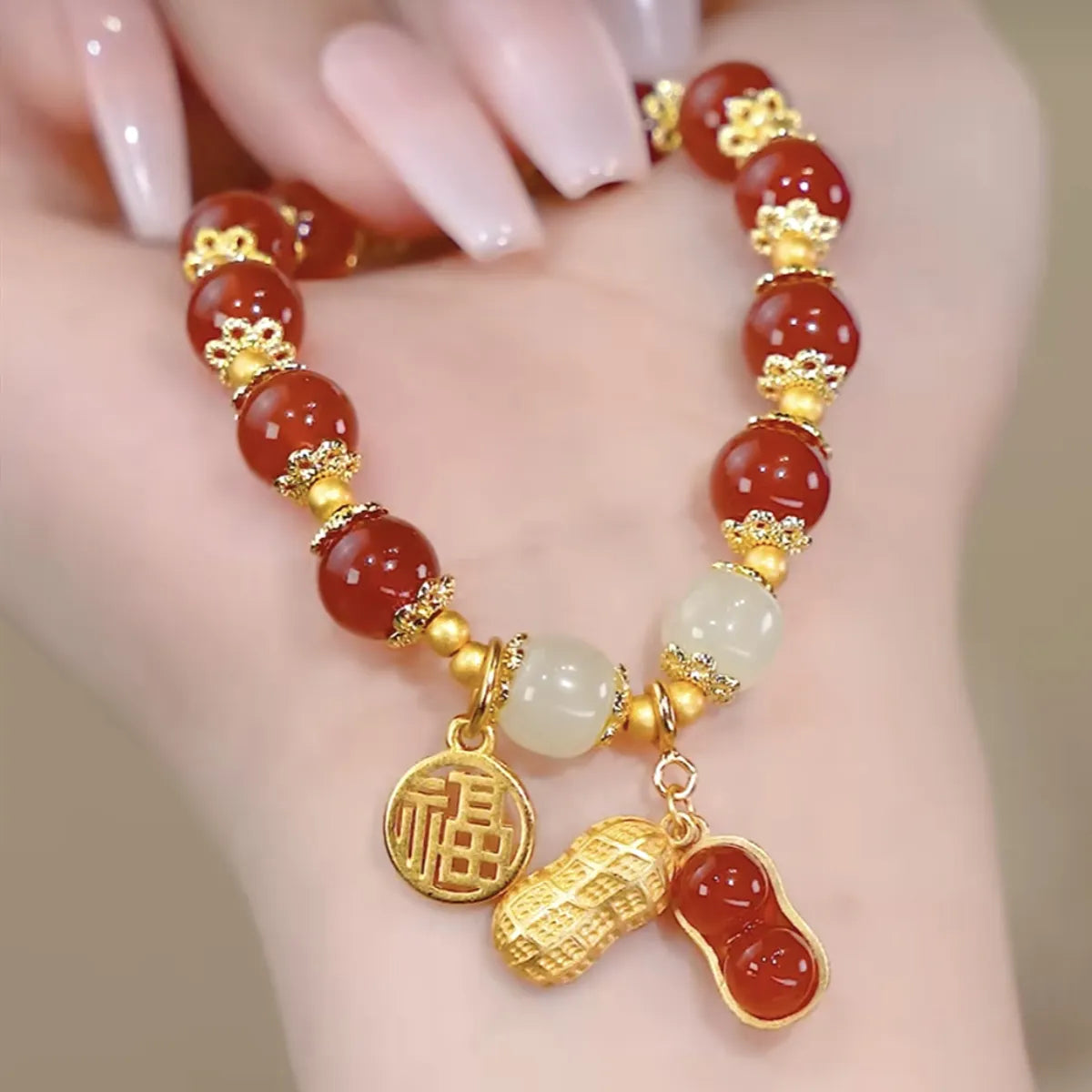 Chinoiserie Leaf Flower Peanut Glass Beaded Women'S Bracelets