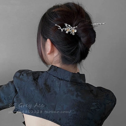 Chinoiserie Retro Bamboo Flower Butterfly Alloy Plating Inlay Rhinestones Pearl Hairpin