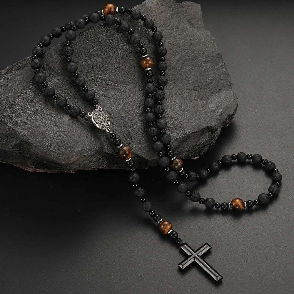 Chinoiserie Retro Ethnic Style Geometric Cross Natural Stone Men'S Pendant Necklace