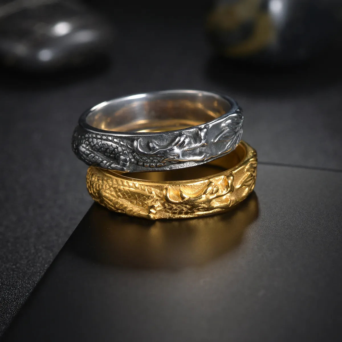 Chinoiserie Retro Ethnic Style Solid Color Dragon 304 Stainless Steel Plating Gold Plated Men'S Rings