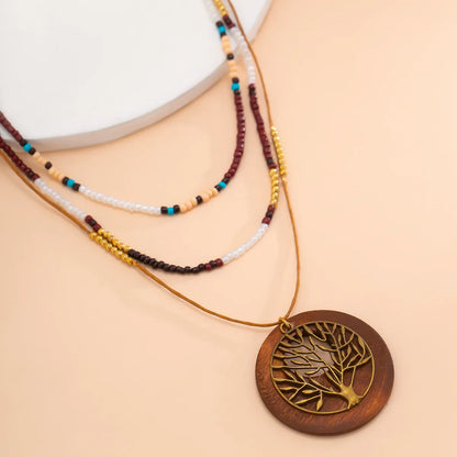 Chinoiserie Retro Vacation Round Tree Leaves Alloy Wood Board Seed Bead Irregular Beaded Tassel Women'S Layered Necklaces