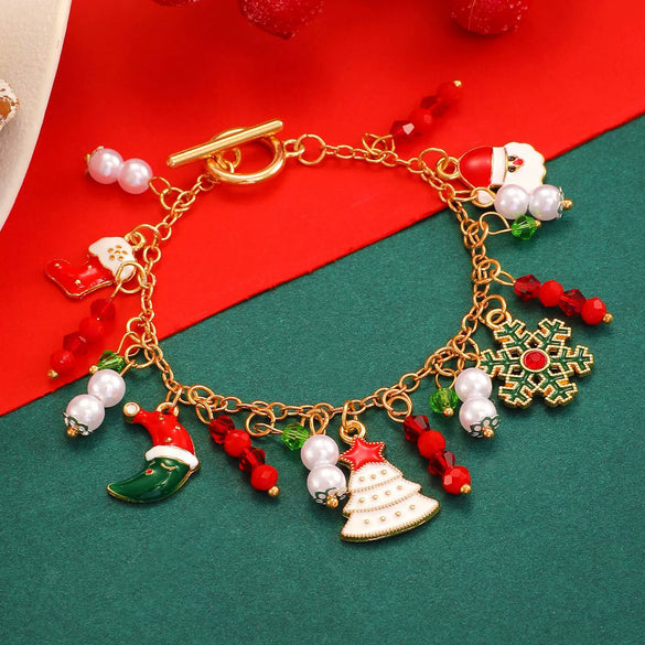 Christmas Alloy Charm Bracelet For Women With Snowflake Elk Bell Santa Claus And Tree Pendants Dripping Oil Finish Buckle Design