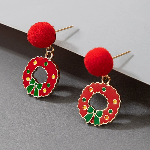 Christmas Alloy Drop Earrings With Candy Elk Bell And Red Green Fur Ball Accents Electroplated Geometric Simple Fashion Earrings
