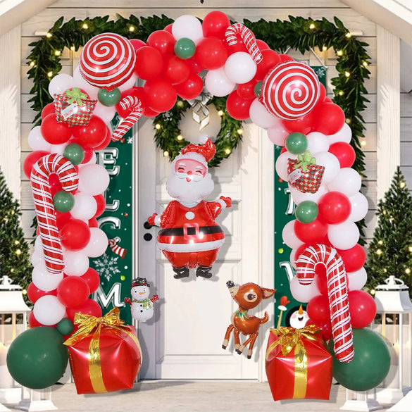 Christmas Balloon Arch Decoration Set With Santa Gift Box Round Aluminum Foil Ornament Balloons
