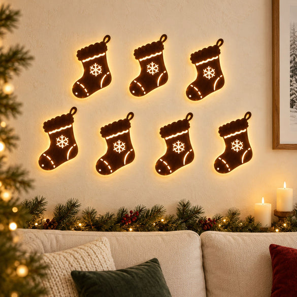 Christmas Boxwood Illuminated Wall Hanging With Gift Bag And Festive Figure Silhouette Printed Lightup Holiday Home Decor