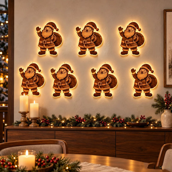 Christmas Boxwood Illuminated Wall Hanging With Gift Bag And Festive Figure Silhouette Printed Lightup Holiday Home Decor