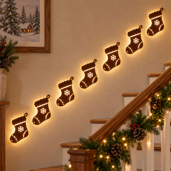 Christmas Boxwood Illuminated Wall Hanging With Gift Bag And Festive Figure Silhouette Printed Lightup Holiday Home Decor