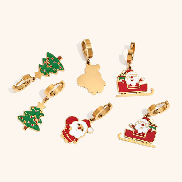 Christmas Cartoon Titanium Steel Earrings With Stainless Steel Ear Posts And Drip Oil Design For Women